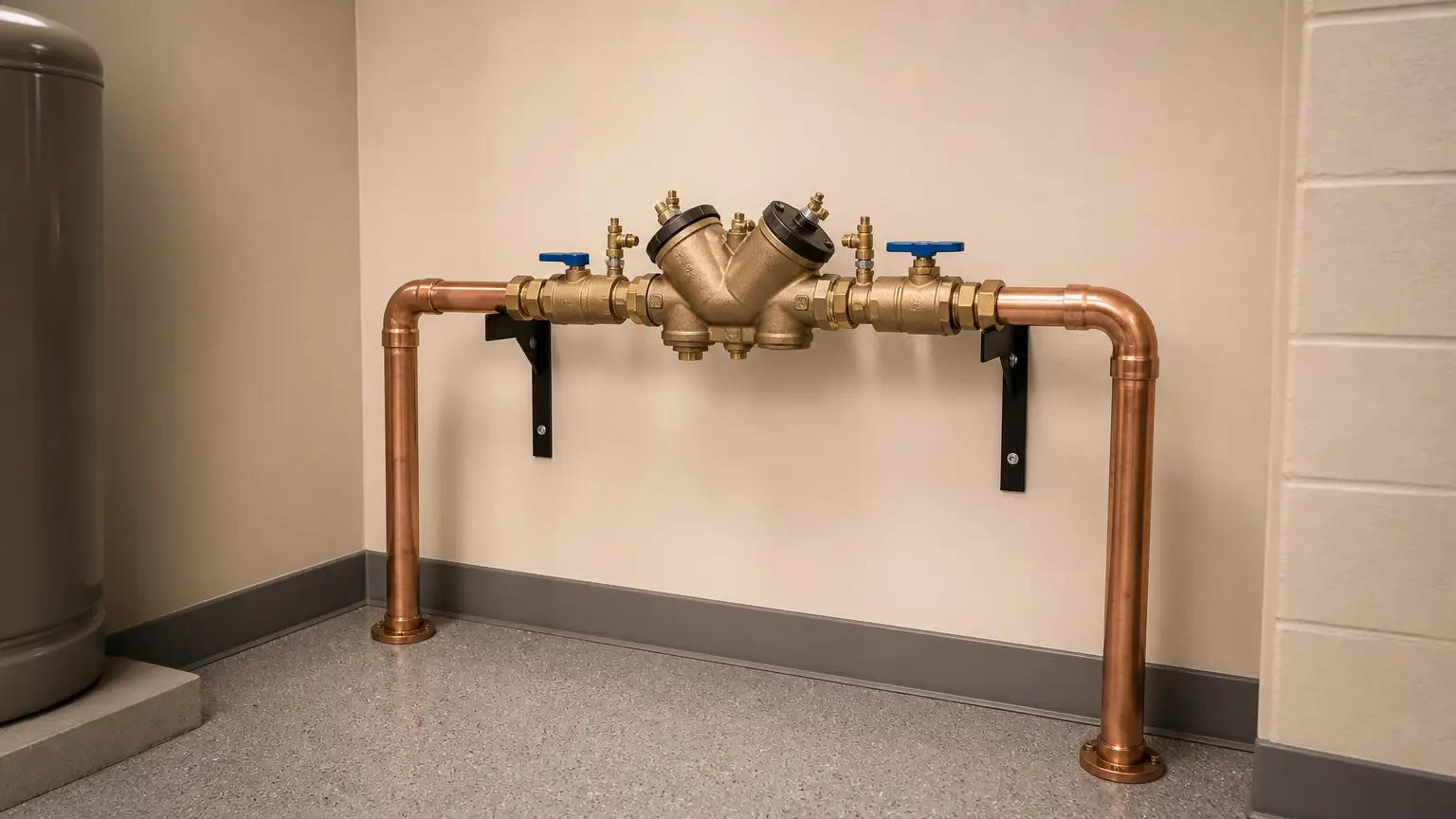 Backflow prevention device installed on copper pipes in a clean mechanical room with freshly painted walls and finished floor