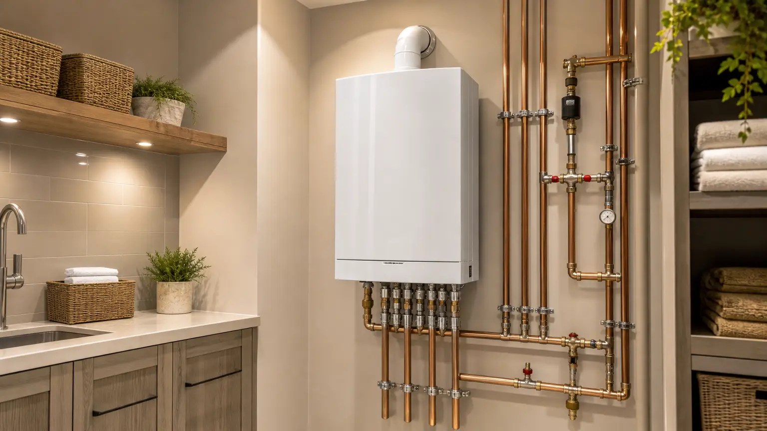 modern boiler system with organized pipes and chrome fittings in a spotless utility room