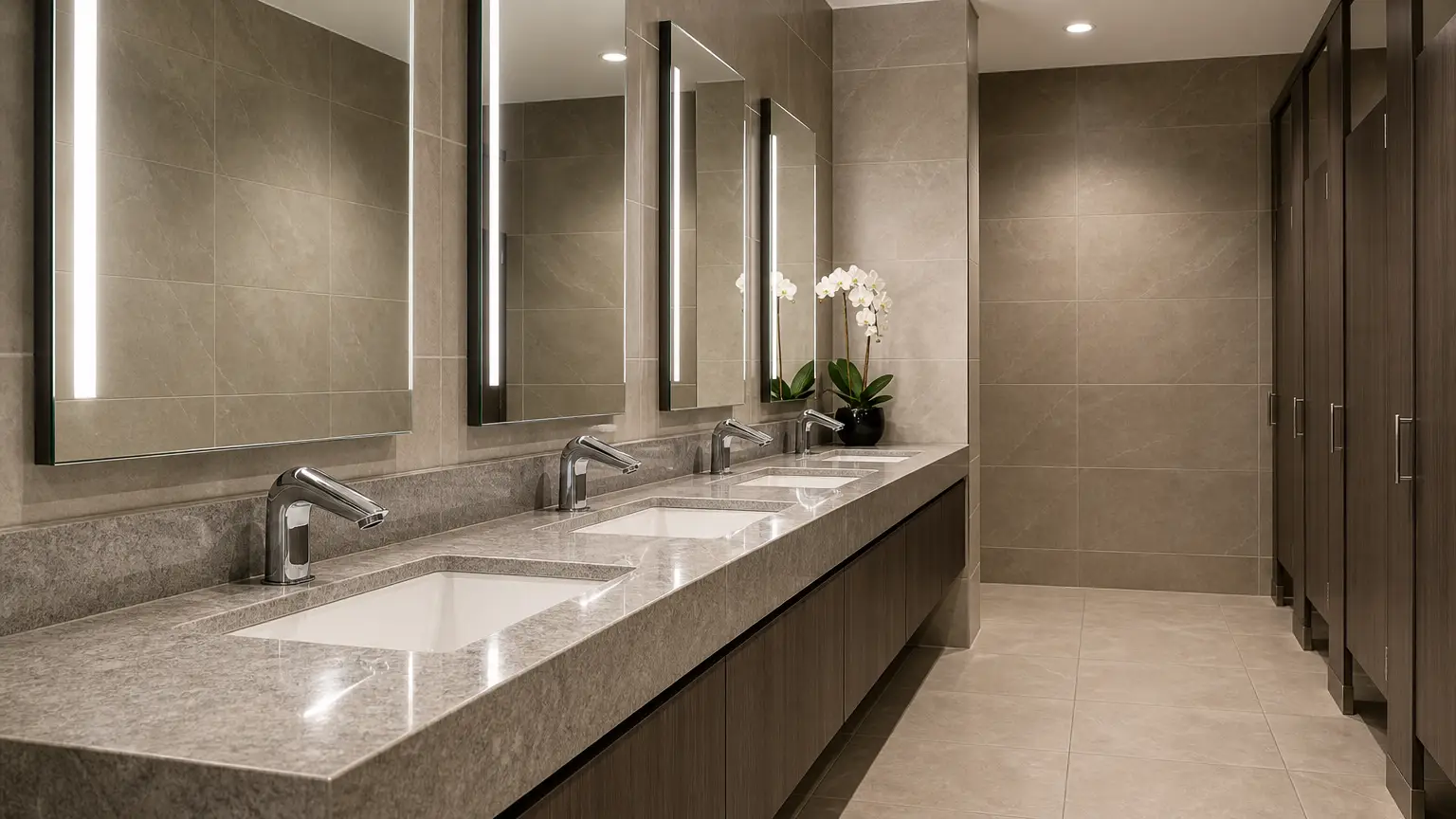 commercial restroom with modern sinks and chrome faucets representing professional plumbing services