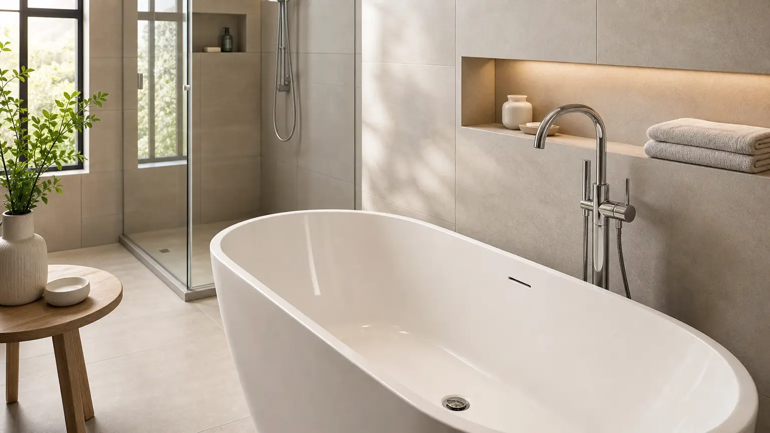 Clean modern bathroom with an open, unclogged drain and polished chrome fixtures showing results after professional drain cleaning