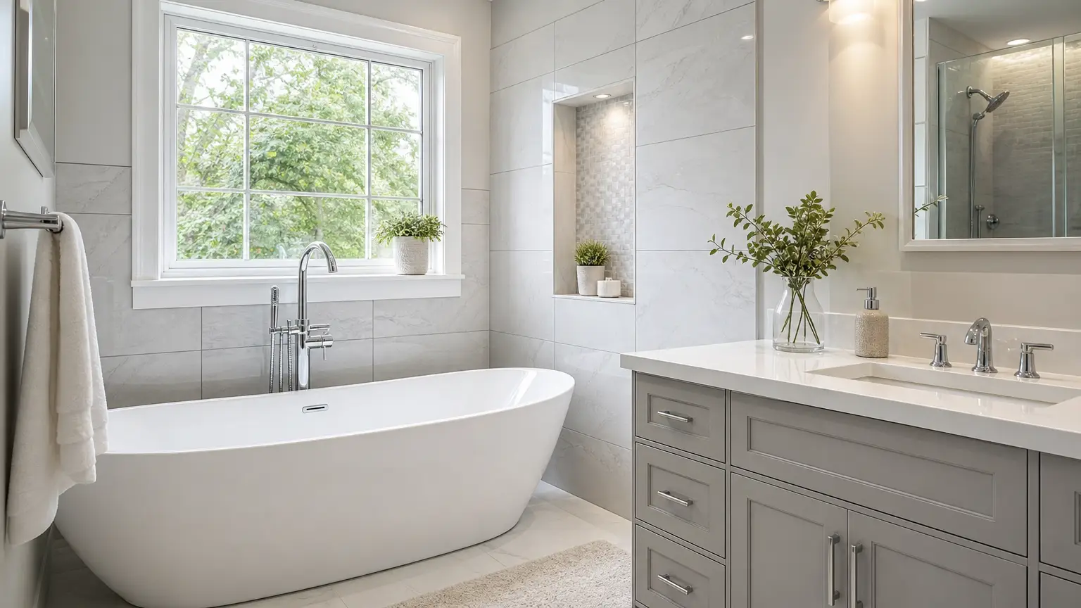 Bathroom with spotless tub and chrome faucet after emergency plumbing service