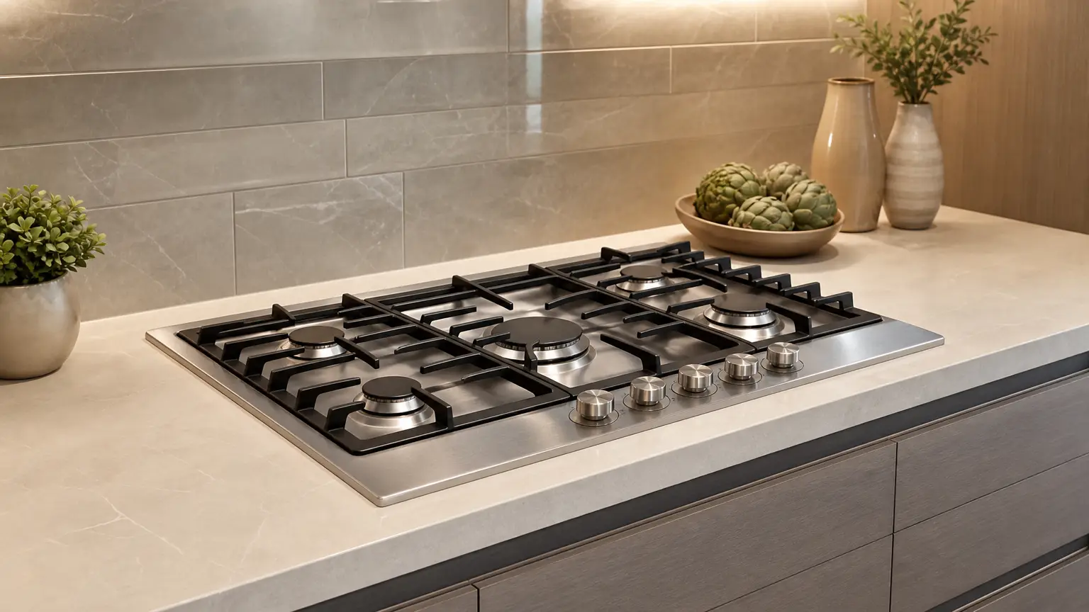 modern kitchen with gleaming stainless steel gas cooktop highlighting safe, professionally completed plumbing and gas line work
