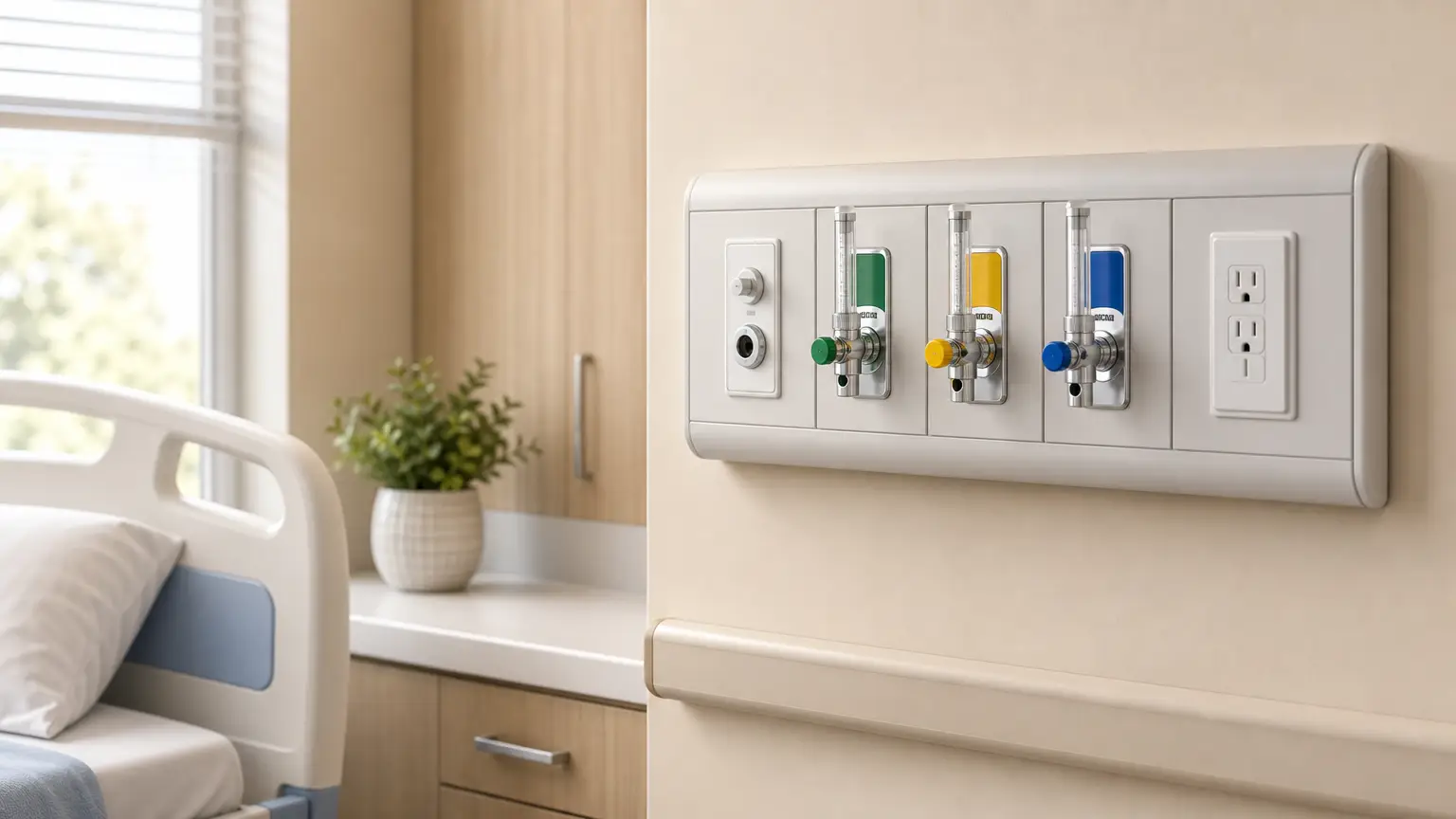 pristine medical gas outlet panel in a hospital room installed by a plumbing specialist