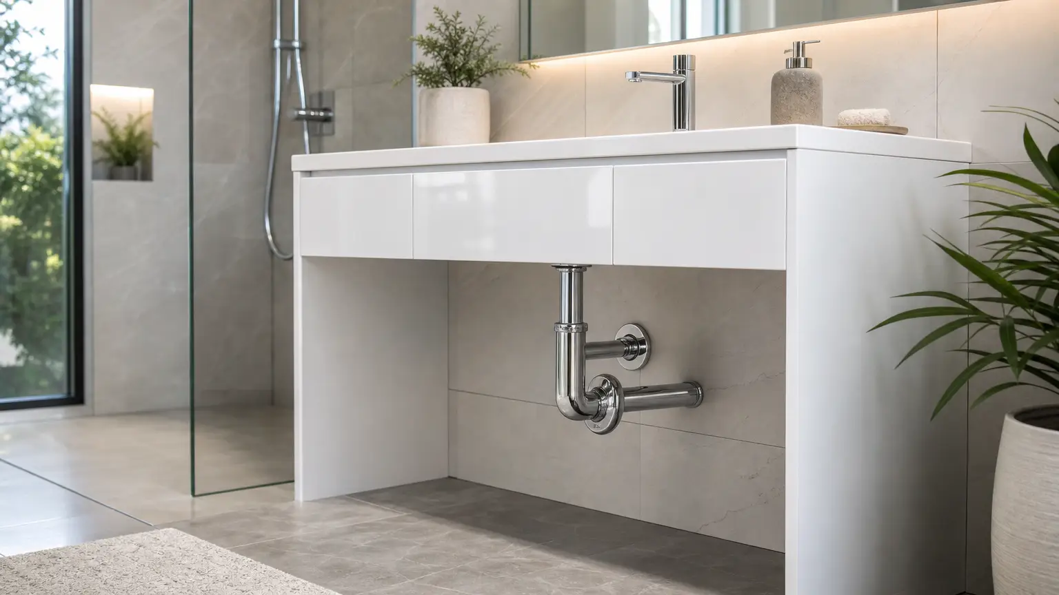 Finished pipe repair in a modern bathroom showing clean chrome pipes beneath a white vanity, highlighting professional plumbing work