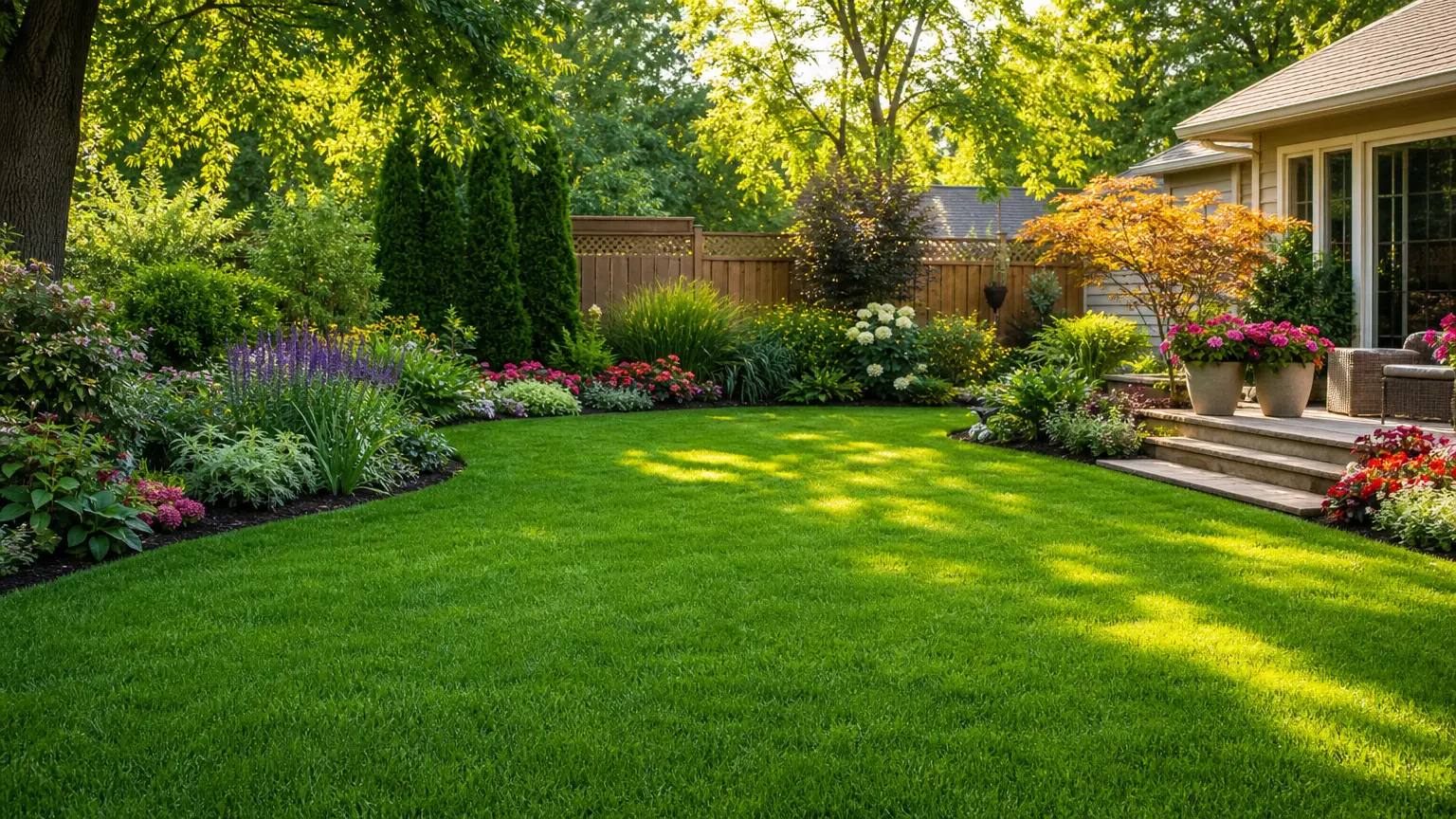 Pristine backyard with flawless green lawn and vibrant landscaping after professional sewer line replacement by plumbing experts