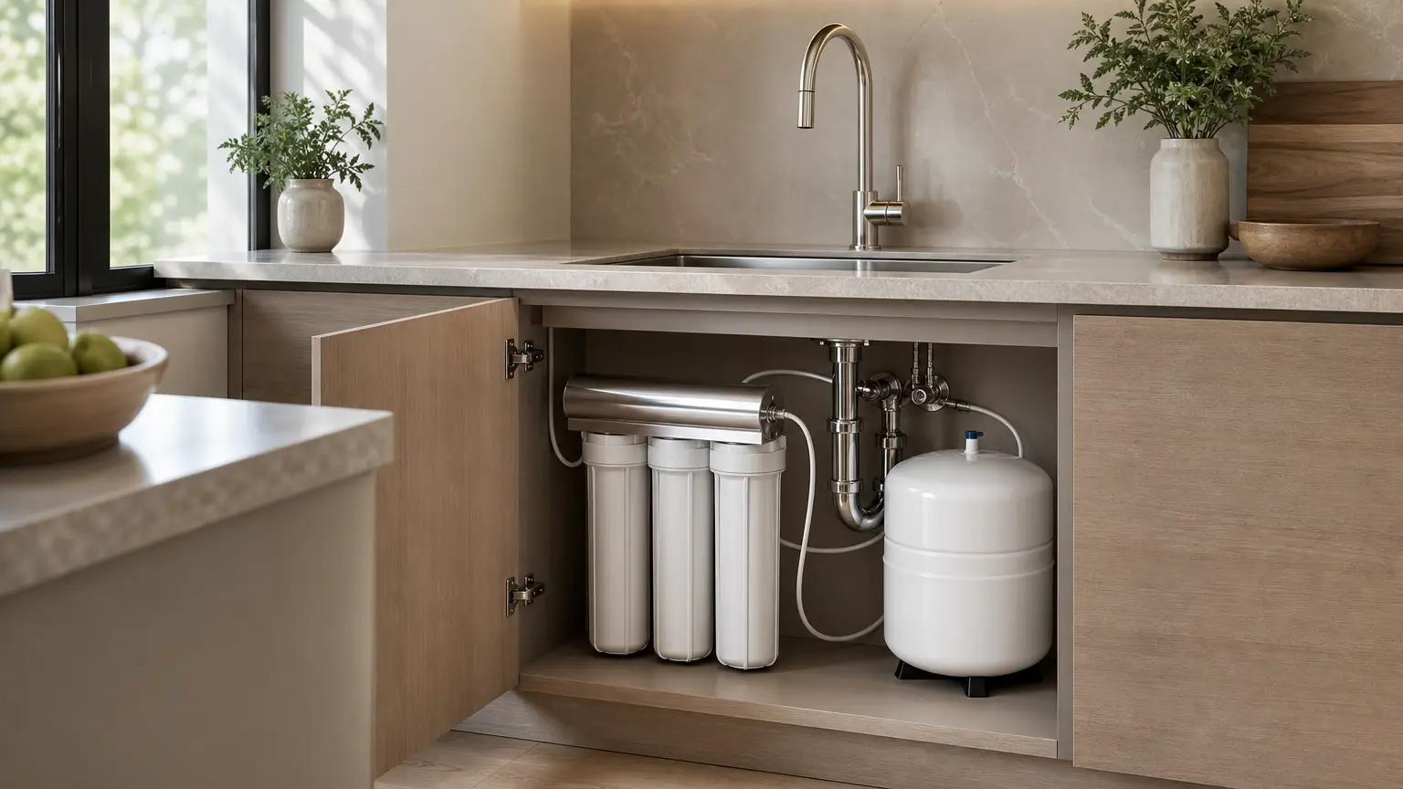 Neatly installed water filtration system under a modern kitchen sink with polished fixtures and clean white cabinetry, highlighting professional plumbing workmanship