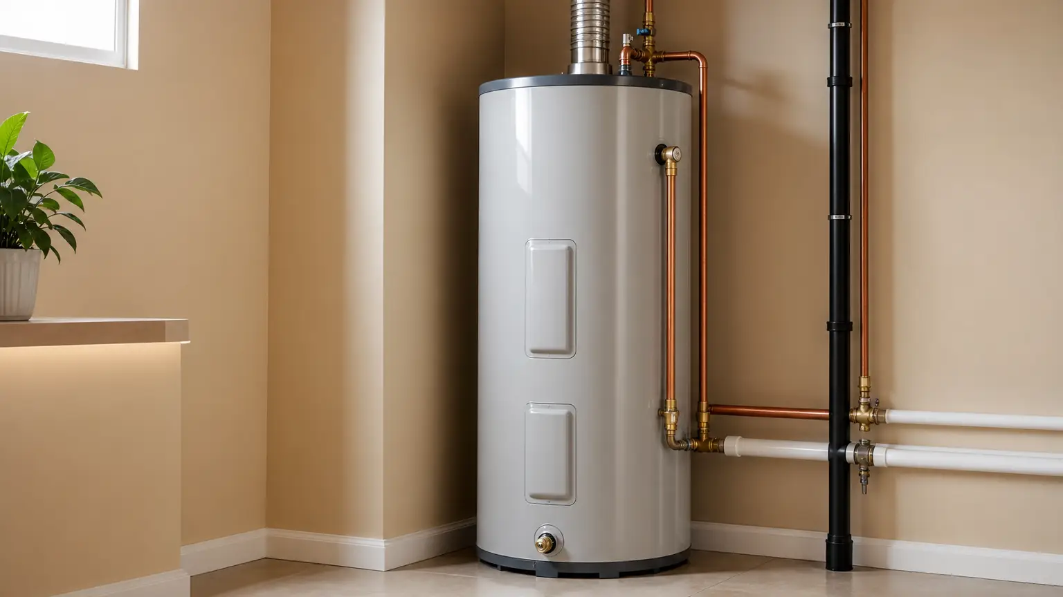 pristine water heater installation in a clean utility room with modern pipes and fittings