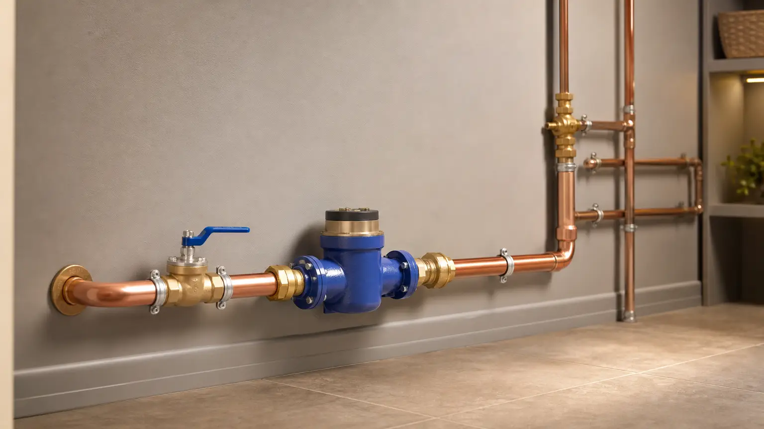 Newly installed water main and pipe connections in a clean modern utility room, representing professional plumbing services